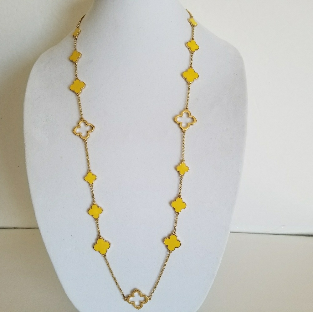 Clover Gold plated necklace, Yellow Four Leaf enamel clover.36" Long